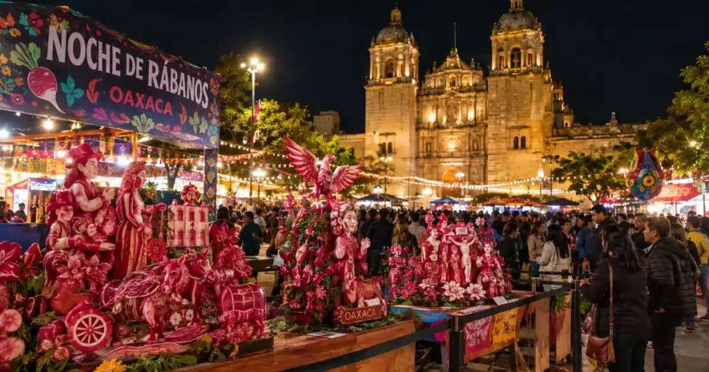 Intricate radish carvings on display at the Noche de Rábanos festival in Oaxaca, making it one of the most unique places to visit in december for authentic cultural experiences.