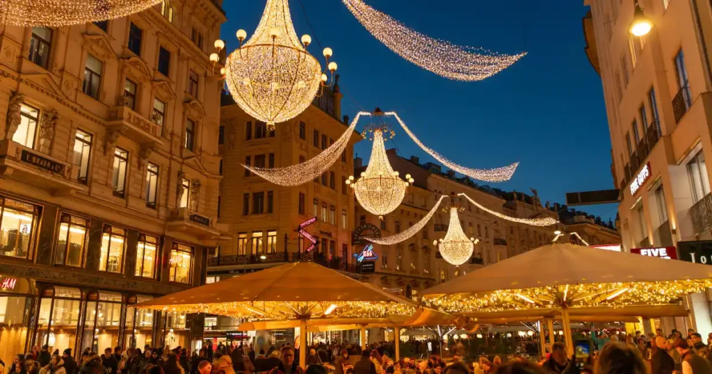 Giant glowing chandeliers hanging over a busy shopping street in Vienna, the best place to travel in december for traditional holiday markets.