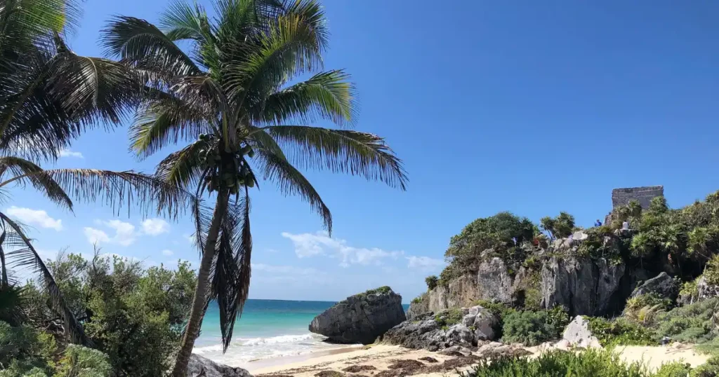 Clear water and ruins at Tulum beach in Mexico, among the top december tourist destinations