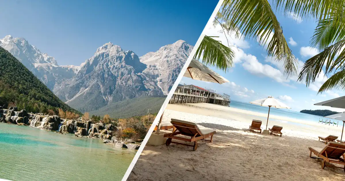 A split view comparing a snowy mountain landscape with a tropical beach and palm trees, highlighting the best places to visit in December for both winter and warm vacations.